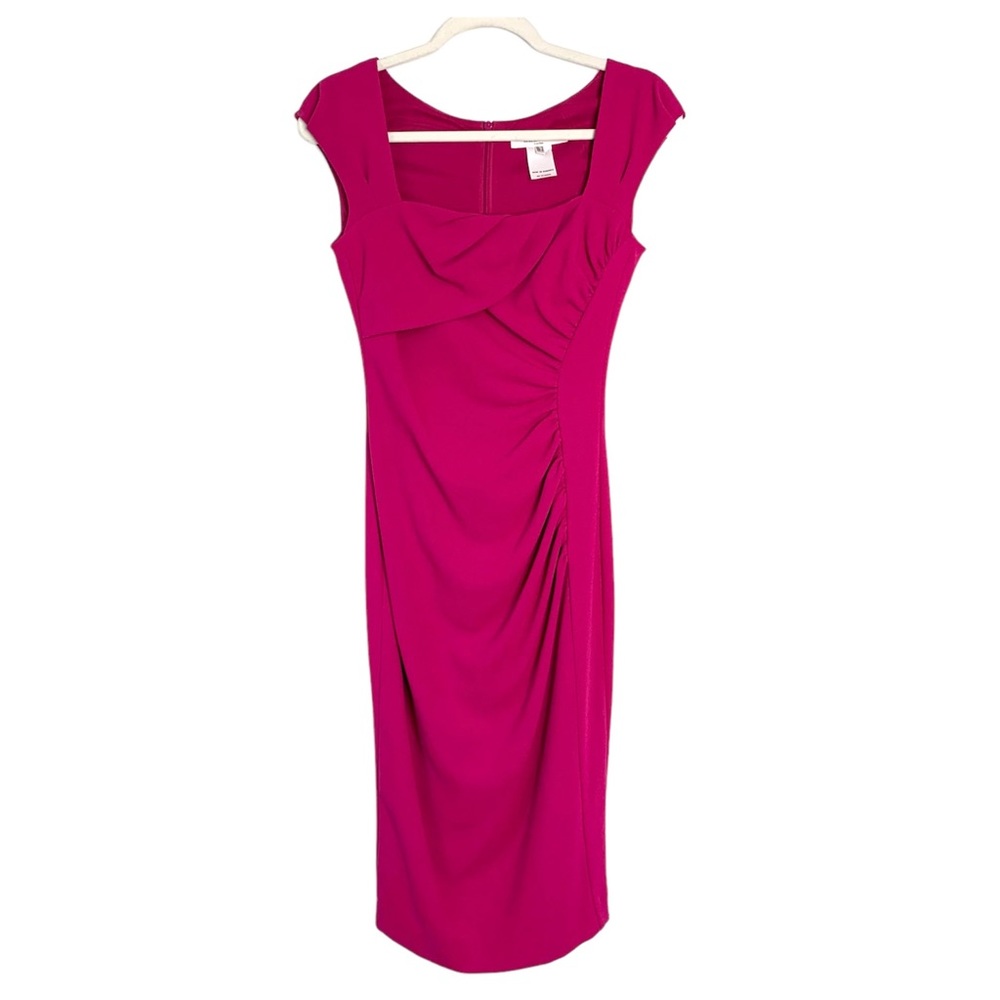 LK Bennett Tina Ruched Sheath Dress Size 2 Pink Knee Length Cap Sleeve Office